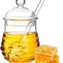 Lawei Glass Honey Jar with Dipper and Lid, 10 OZ Heat-Resistant Bee Hives Honey Pot, Clear Glass Honey Container for Store Honey and Syrup, Home and Kitchen, Easy to Clean, Dishwasher Safe