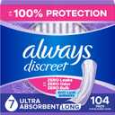 Always Discreet Adult Incontinence Pads for Women, Drier, 7 Drop Long Length, Ultra Absorbency, Pads for Bladder Control Management, Bladder Leaks, Overnight & Postpartum Pads, 104ct