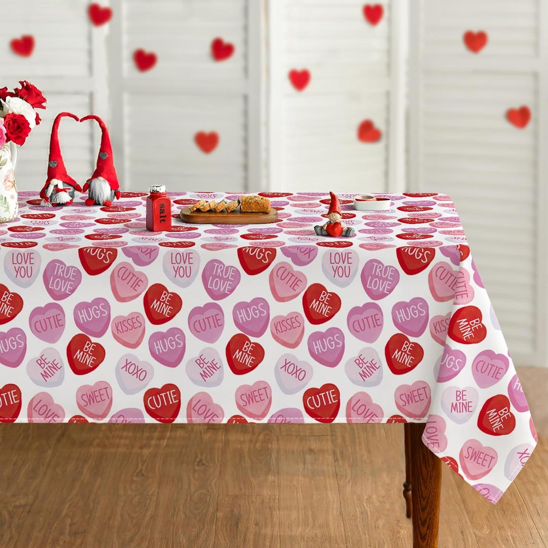 Horaldaily Valentine Tablecloth 6084 Inch Rectangle, Pink Colored Love Hearts with Words Washable Table Cover for Party Picnic Dinner Decor