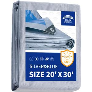 RAINDEWAY Tarps - 20x30 Feet, 5.5 Mil Thick, Multipurpose Waterproof Poly Tarp Cover with Metal Grommets and Reinforced Edges, Silver/Blue Large Tarp
