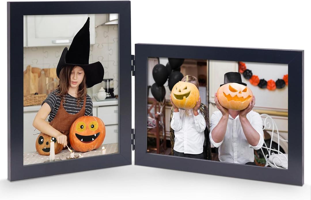 Vertical Horizontal Combo, Double 4x6 Black Wood Foldable Picture Frame, Opening 3.5x5.5, Stand on Desk-top, Portrait and Landscape View