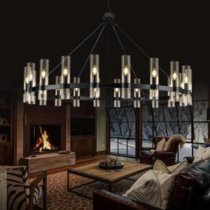 Black Wagon Wheel Chandelier, 60 Inch Chandeliers with Glass Shade, 20-Light Large Chandelier for High Ceiling, Modern Farmhouse Chandeliers for Living Room, Dining Room, and Entryway(Bulbs Included)