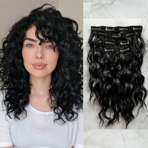 4PCS Clip in Hair Extensions 12" Short Curly Wavy Hair Pieces Black Hair Extensions Invisible Lace Weft Natural Soft Hairpieces for Women (1B)