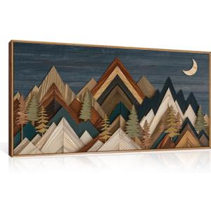 HPINUB Mountain Woodcut Style Framed Canvas Wall Art Set,Vintage Pine Tree Wall Decor, Nature Country Wilderness Forest Artwork,Modern Navy Blue Art Prints for Living Room,Bedroom,Farmhouse- 20"x40"