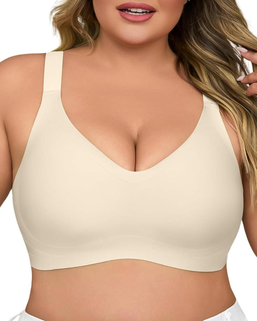 Plus Size Wireless Bras for Women V Neck Seamless Bras Comfort Full Coverage Bralette Push Up Soft Cup Everyday Sleep Bra Fog (Beige, XXXL)