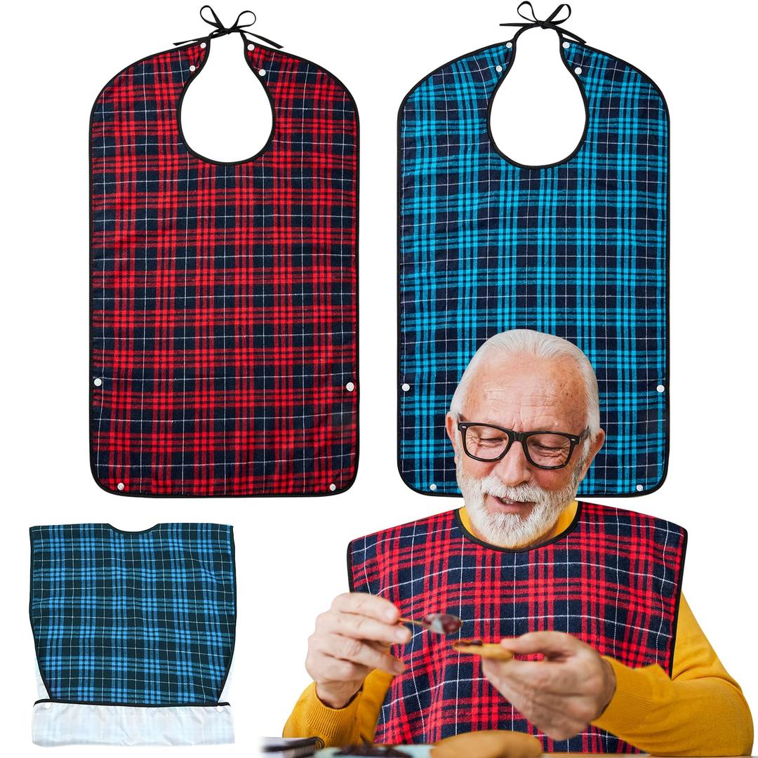 XKDOUS 2pcs Adult Bibs For Men Washable, Reusable Waterproof Large Bibs For Adult, Clothing Protector With Crumb Catcher,Bibs For Eating, Feeding Adult Bibs For Women Elderly Men Senior Citizens Gifts (Red & Blue)