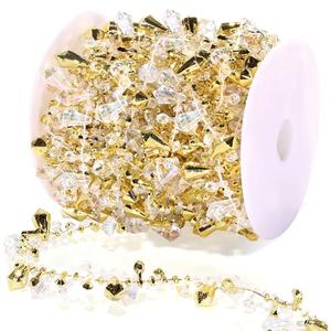 Christmas Garland Iridescent Tree Gold Bead Decoration, Vintage Twinkle Ice Double Twist Bead String Ornaments for Indoor Outdoor Decorations, Rustic Crystal Beaded Home Decor, 16ft