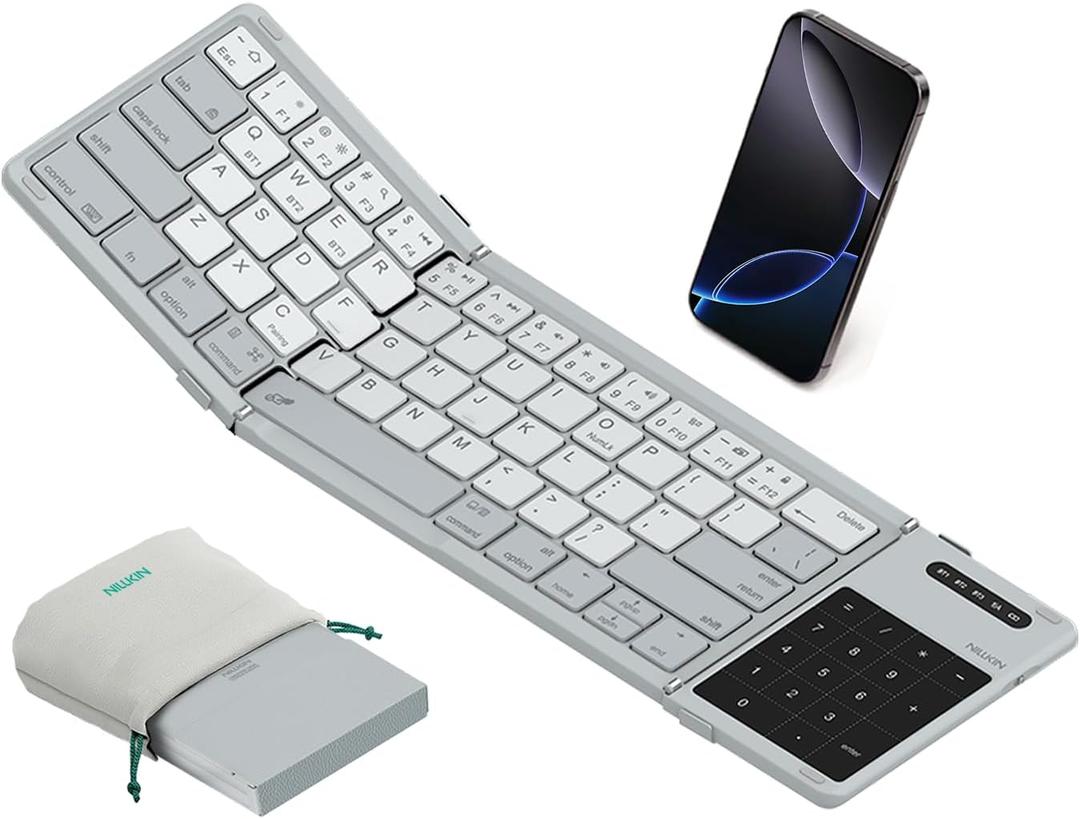 Nillkin Upgraded Foldable Bluetooth Keyboard with Touchpad & Number Pad, Portable Wireless Keyboard for Travel, Pocket-Sized, Full Size Keys, Support 3 Devices for iPad Laptop Tablets Phone, Gray