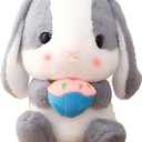 HOUPU Soft Toy - Sitting Lop Eared Rabbit, Easter White Rabbit Stuffed Bunny Animal with Carrot Soft Lovely Realistic Long-Eared Standing Pink Plush Toys (Ash White-Cake, 8.6in/22cm)