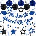 Oudain Black Blue Graduation Decorations Class of 2025 We Are So Proud Of You Banner with Honeycomb Balls Glitter Stars Hanging Swirls Circle Garland for High School College Grad Party Supplies