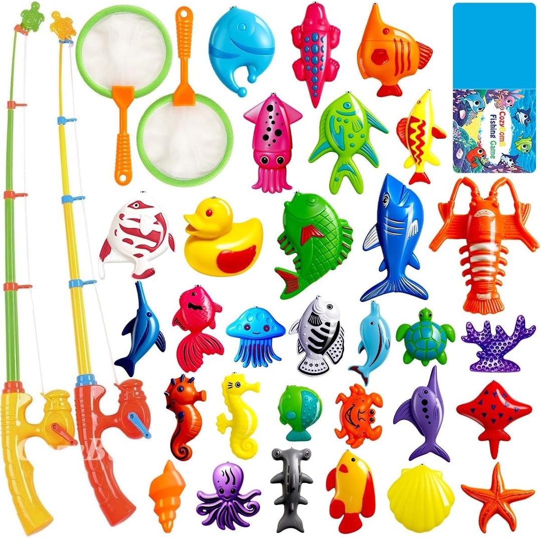 CozyBomB Magnetic Fishing Toys Game Set for Kids | Water Table Bathtub Kiddie Pool Party Pole Rod Net, Outdoor Plastic Floating Fish, Toddler Bath Color Ocean Sea Animals Birthday Gift Age 3-5 6 4-8