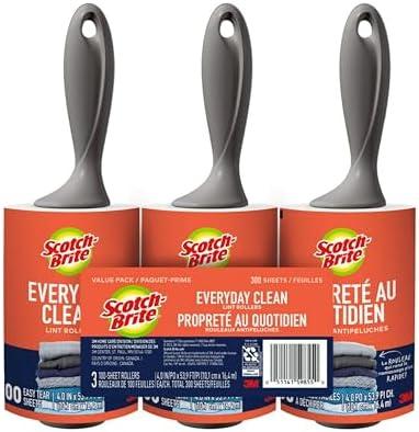 Scotch-Brite Everyday Clean Lint Roller, 3 Pack, Lint Remover for Pet Hair, Dark Clothes, Furniture, and Dusty Surfaces, Picks Up Fur & Fluff in Your Home, Car & Office, 300 Adhesive Sheets Total