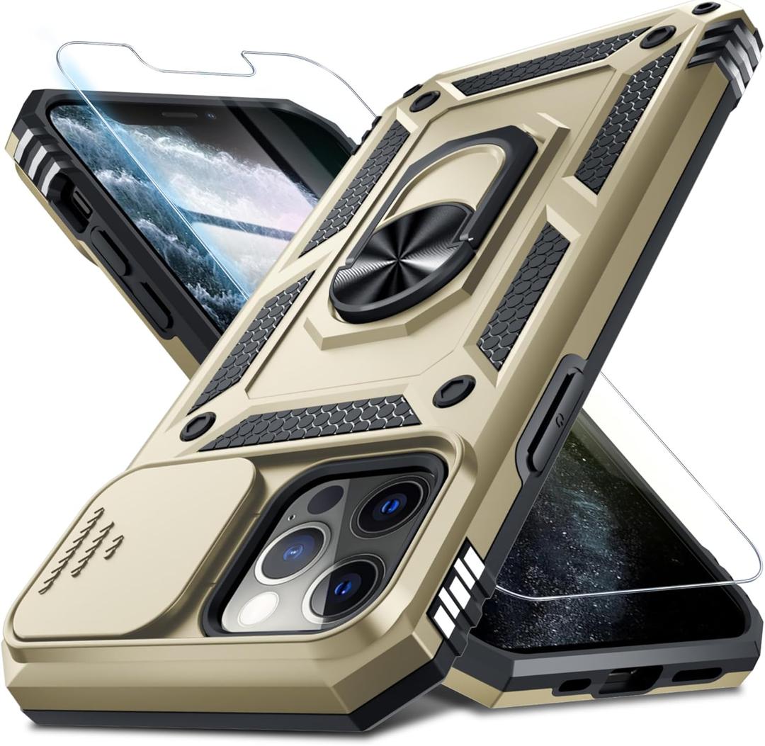 Janmitta Case for iPhone 12 & 12 Pro Phone Cover Built in Slide Camera Lens Cover+Screen Protector,Heavy Duty Shockproof Full Body PhoneCase with Finger Ring Holder Kickstand, Gold