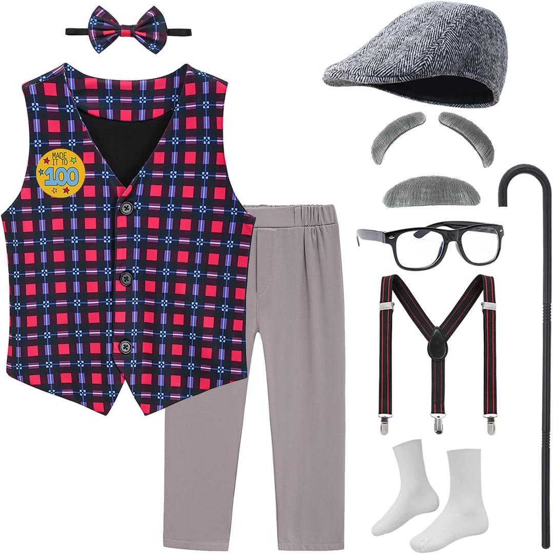 Old Man Costume for Kids 100 Days of School Costume Grandpa Outfit Vest and Pants for Boy (Small(5-7yr), Grey)