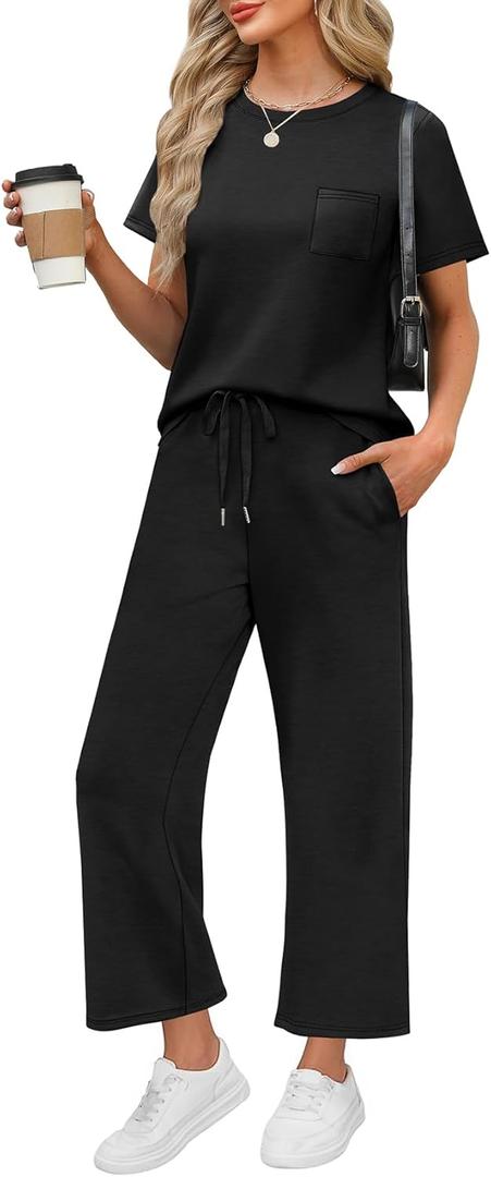 WIHOLL 2 Piece Sets for Women Casual Summer Travel Vacation Outfits Short Sleeve Wide Leg Crop Pants Lounge Sets (Black, XXL)