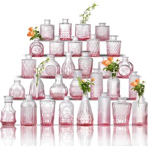 Glass Bud Vase Set of 30 - Small Vases for Flowers in Bulk - Assorted Vintage Crystal Vases for Flowers, Table Centerpieces (Pink, 30 Pcs)