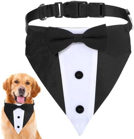 Teaaha Adjustable Dog Tuxedo Formal Dog Wedding Outfit Bandana Dog Tux Black Dog Collar with Bow Tie, Dog Suit Costume for Small Large Dogs Wedding, Engagement, and Birthday (Large: Neck 15”-25”)