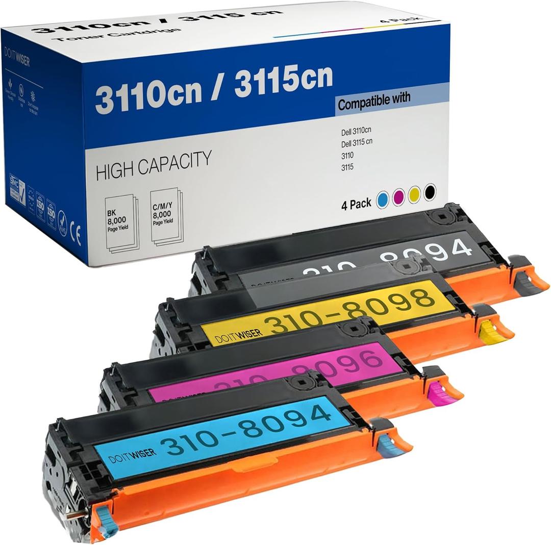 Do it Wiser Remanufactured Printer Toner Cartridge Replacement for Dell 3110cn 3115cn 3110 3115 | 310-8092 310-8094 310-8096 310-8098 High Yield (8,000 Pages) 4-Pack (Multicolor)