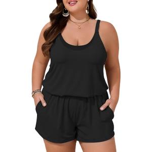 Summer Mae Plus Size Swim Romper Women One Piece Swimsuit Blouson Bathing Suit with Pockets 2026 Modest Swimwear (Black, XL)