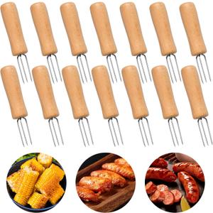 14 Pcs Stainless Steel Corn Holders, Stainless Steel Corn on the Cob Holders with Wooden Handle, Durable Anti-Scald Corn Holder for Home Camping Cooking BBQ