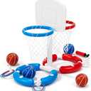 Double Pool Basketball Hoop with Backboard &Ring Toss Game, 2-in-1 Floating Pool Toy with 4 Balls 8 Rings&Pump,2 Player Games Summer Activities for Kids 5-8 8-12& Adult,Outdoor Swimming Party Gifts