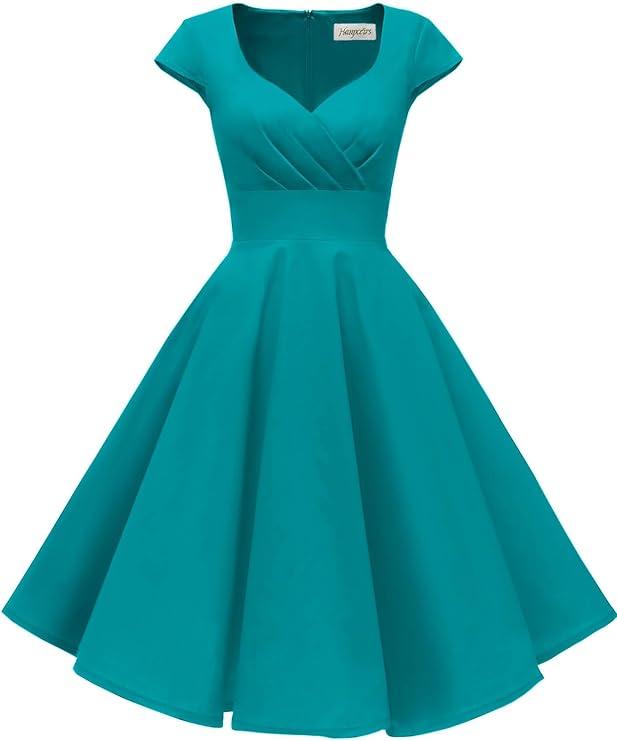 Hanpceirs Women's Cap Sleeve 1950s Retro Vintage Cocktail Swing Dresses with Pocket XS