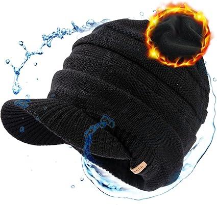 TOP-EX DryKnit Waterproof Merino Wool Visor Beanie with Brim & Fleece Neck Warmer Set  Oversize Winter Hat for Men Large Heads Warm Fleece Lined Beanie for Cold Weather Ski Hiking Golf Black XL/XXL