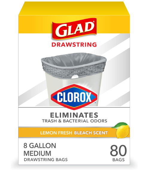 Glad Medium Trash Bags, 8 Gallon, Lemon Fresh Bleach Garbage Bags, Resists Bacterial Odors with Drawstring, 80 Count 