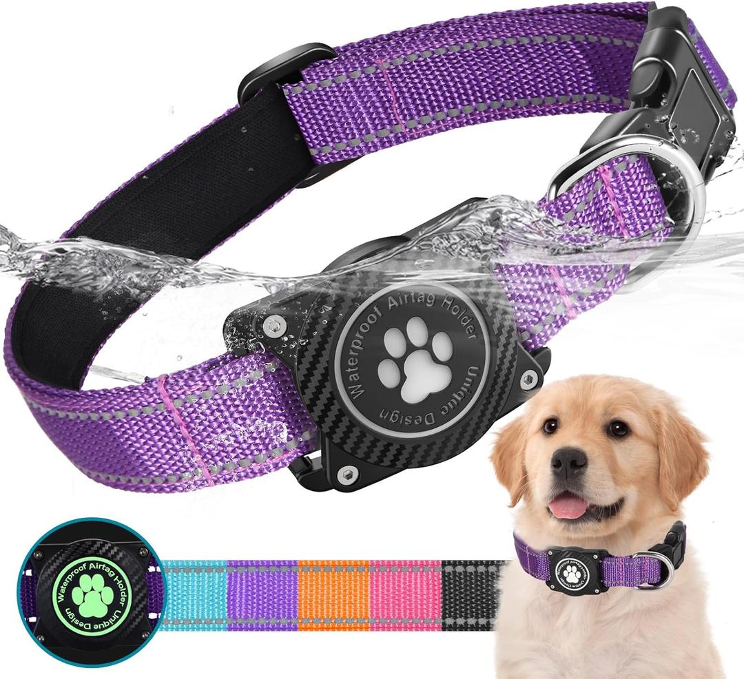 Airtag Dog Collar, Nylon Collar with Waterproof Air Tag Holder, Luminous Reflective Adjustable Pet Collar for Small Medium Large Heavy Duty Dogs,Purple, M (M (12.6"-17.1"))