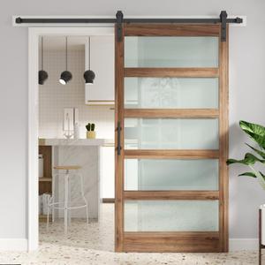FREDBECK 42 x 80 inch Glass Barn Door with 7FT Barn Door Hardware Kit & Handle Included,5-Panel Frosted Glass,Wood Panel, Water-Proof Surface,Pre-Drilled Holes,Need Assembly
