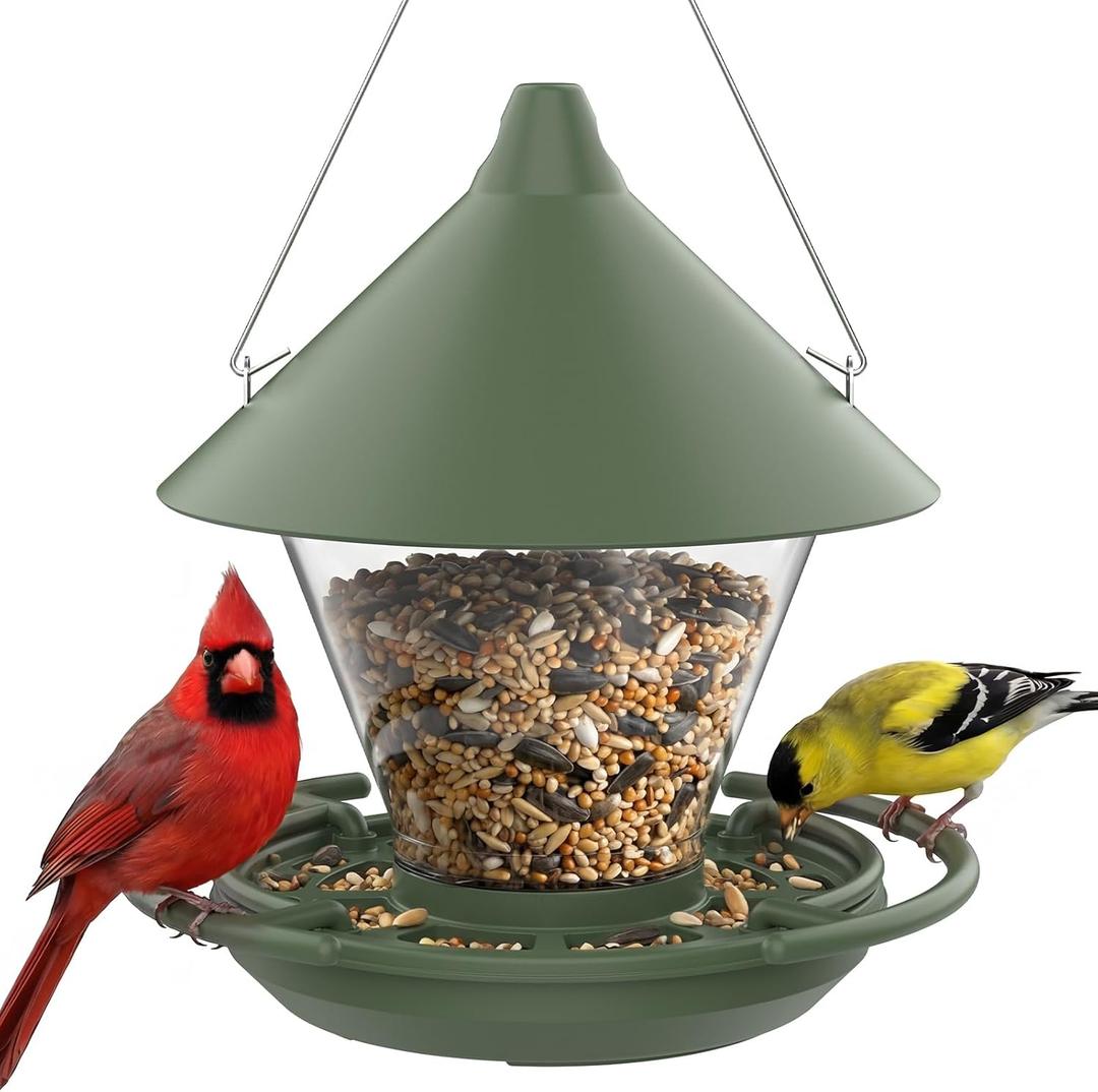 Kingsyard Wild Bird Feeder for Outdoors Hanging, No-Waste Tray with Seed Guard & Circular Perch, Garden Yard for Cardinal Finch, 4 lb Large Capacity, Green