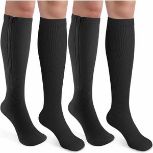 CASMON 2 Pairs Zipper Compression Socks for Women & Men,15-20 mmHg Closed Toe Knee High Support Sock for Varicose Vein Edema