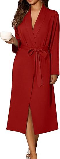Ekouaer Robes for Women Long Sleeve Knit Kimono Bathrobe Soft Lightweight Loungewear Ladies Cotton Sleepwear (Red, XL)