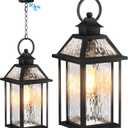 Lotsky Outdoor Pendant Lights with Motion Sensor, 15'' Dusk to Dawn Exterior Hanging Light Fixture for Porch, Anti-Rust Aluminum Ripple Glass Outside Chandelier Lantern for Gazebo, Patio, Yard Black