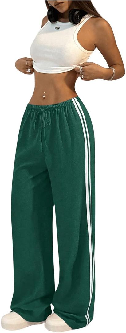 SHENHE Women's Wide Leg Loose Sweatpants Low Rise Y2k Drawstring Workout Sports Pants (Green, S)