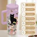 Cat Lover Gifts For Women, Stainless Steel Tumbler With Handle 40 Oz, Best Gifts For Cat Lovers, Birthday Christmas Valentine Anniversary Floral Gift For Women, Floral Tumbler Mug Cup
