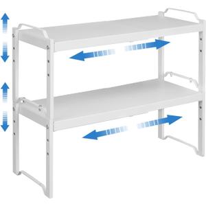 Set of 2 Expandable Kitchen Cabinet Shelves Organizers, Stackable Adjustable Small Storage Shelf Rack Stand For Pantry Cabinet Cupboard Kitchen Counter Organization, 22 lbs Capacity, Length:20.5" (White)