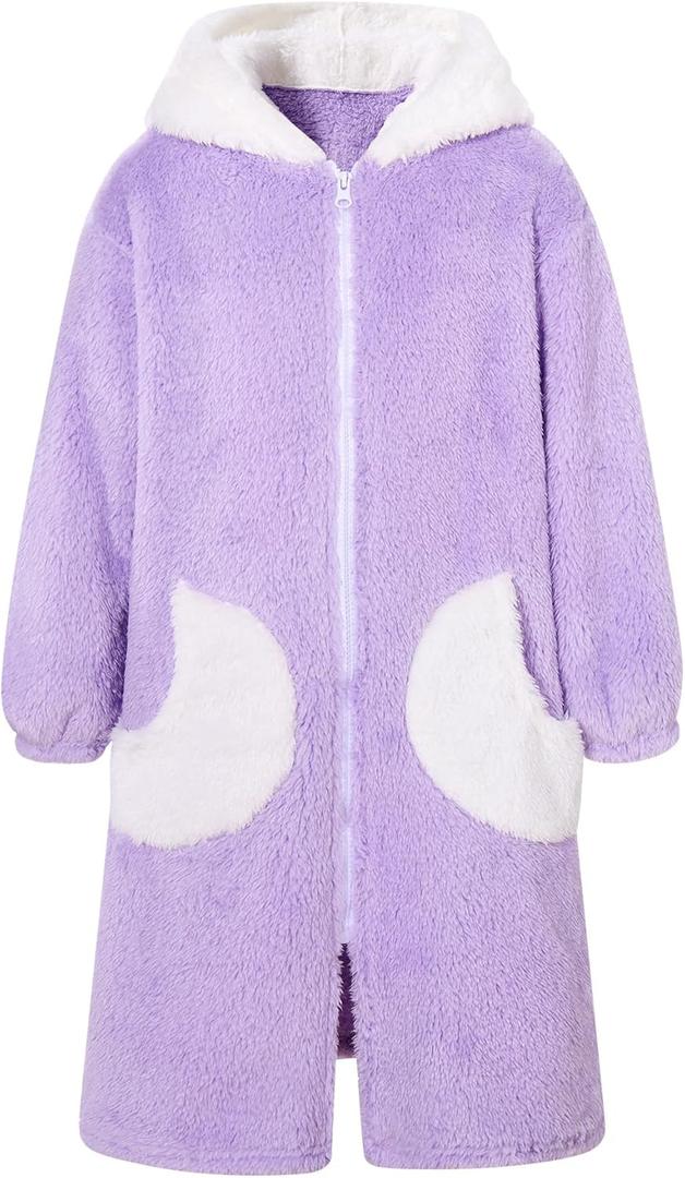 Funnycokid Girls Robe Kids Hooded Bathrobe Zip Fleece Fuzzy Soft Pajamas Plush Sleepwear 4-14 Years