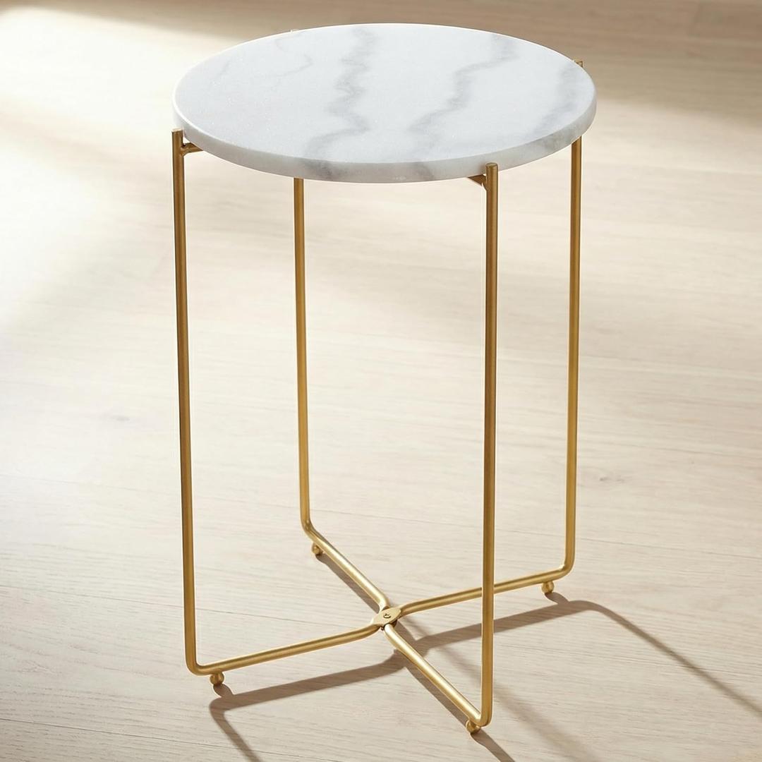 Real Marble Side Table, No Assembly Required Round End Table for Living Room, 15" Modern Small Accent Bedside Table with Gold Metal Legs, Waterproof Nightstand for Sofa, Bedroom, White