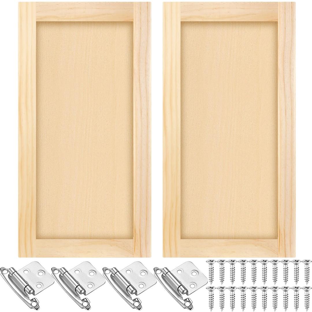 Cinnvoice 2 Pcs 14.5'' W x 29'' H Unfinished Pine Kitchen Cabinet Door Replacement with 4 Pcs Cabinet Hinges Wood Shaker Door Front Replacement for Kitchen, Bathroom, Vanity