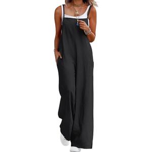 Lepunuo Womens Casual Loose Jumpsuits Summer Boho Wide Leg Rompers Sleeveless Overalls with Pockets (Size: Medium,Black)