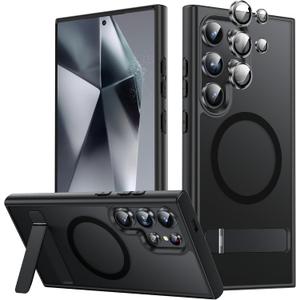 Stand for Samsung Galaxy S24 Ultra Case, Compatible with MagSafe, Built-in Kickstand, Camera Lens Protector, Translucent Matte Slim Silicone Shockproof Hard Back Phone Cover, Black