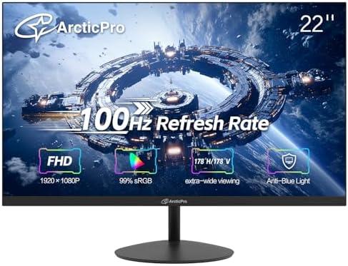 ArcticPro 22inch Computer Monitor, FHD 1080p, 100Hz Office and Gaming Monitor, 4ms Response Time, 3-Sided Frameless, Ultra Slim, VESA Mountable, Anti-Blue Light Design, HDMI, VGA,
