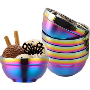 Rainbow Bowl Set of 6, 304 Stainless Steel Dinnerware Metal Double-walled Insulated Cereal Bowls for Eating Kitchen, Dishwasher Safe and Unbreakable