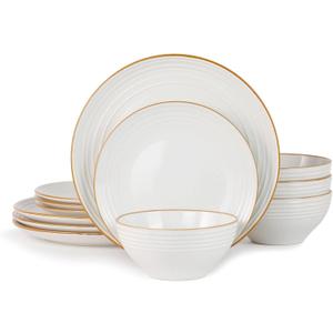 Famiware Jupiter Dinnerware Set, Plates and Bowls Dish Sets for 4 (12 Pieces), Microwave and Dishwasher Safe Stoneware Speckled Tableware, Chip and Scratch Resistant, White