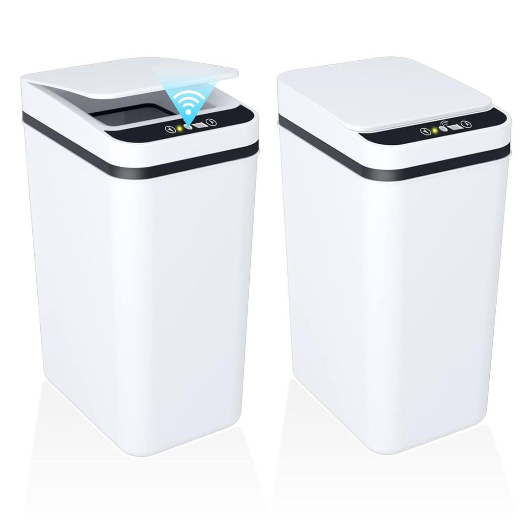 jinligogo 2 Pack 2.6 Gallon Bathroom Trash Can with Lid, Automatic Motion Sensor White Trash Can, Touchless Slim Waterproof Garbage Bin for Kitchen, Bedroom, Office, and Bathroom