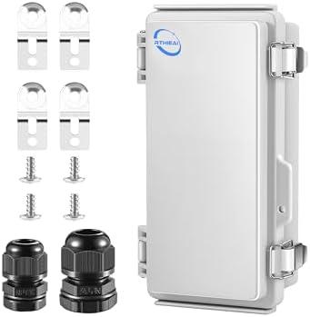 RTHIEAI Waterproof Outdoor IP67 Junction Box (7.9"x3.9"x2.8") with Mounting Plate, Hinged Grey Cover and Wall Brackets - Weatherproof ABS Plastic Electrical Enclosure for DIY Projects (200x100x70mm)