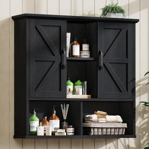 Vabches Bathroom Wall Cabinet, Farmhouse Medicine Cabinet with Double Barn Door and Adjustable Shelves, Wooden Vintage Storage Cabinet Wall Mounted for Bathroom, Kitchen Dining, Rustic Black, 31.5" W x 27.95" H x 7.87" D