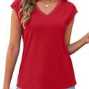 JUSTFASHIONNOW Lace Blouse Soft Cap Sleeve Tops for Women Summer V Neck Tank Tops Dressy Casual Shirts Trendy Clothes (Red)