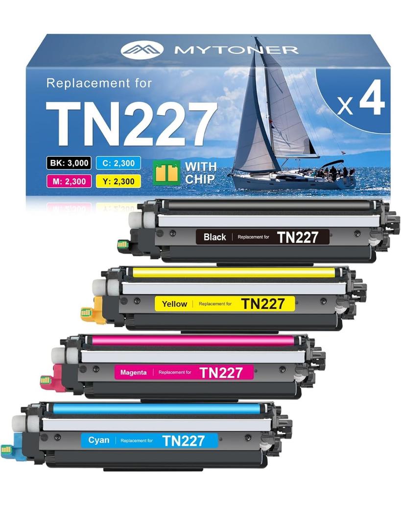 MYTONER TN227 High Yield Toner Cartridge 4 Pack Compatible Replacement for Brother TN227 TN-227 TN227BK TN223 for HL-L3210CW MFC-L3750CDW MFC-L3710CW HL-L3270CDW (TN-227BK/C/M/Y High Yield, 4Pack)